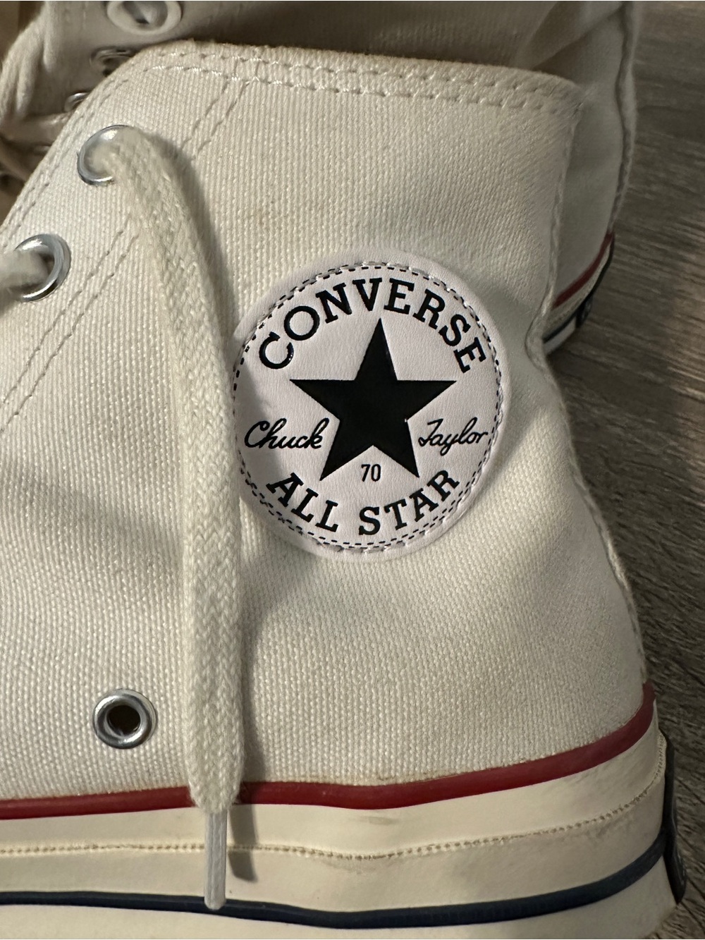 Converse Chuck 70 High Top Sneakers in Cream with Red & Blue Trim